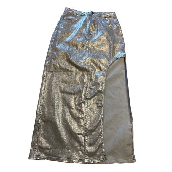 NWT-anthropologie Pilcro Silver Metallic silver Side-Slit Maxi Skirt Size M - Picture 2 of 15
